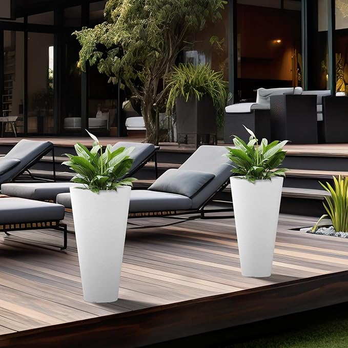 Kante Tall Round Planter Set of 2, 29 Inch Tall Decorative Planter Pots for Outdoor Indoor Garden Patio Front Porch (White)