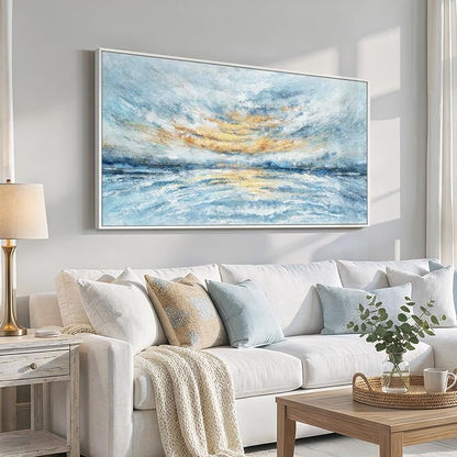 Extra Large Framed Blue Gold Abstract Wall Art - Image 2