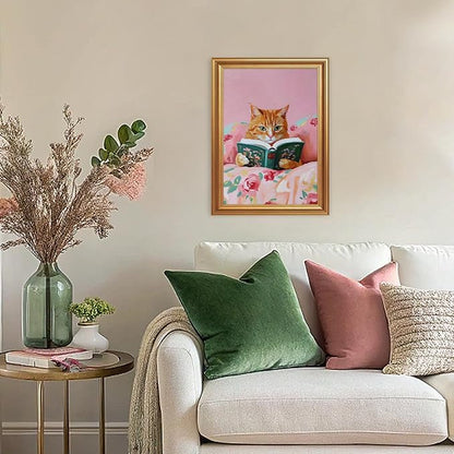 Fantasy Artists Gold Framed Wall Art Prints, Cute Orange Cat Reading a Green - Image 2