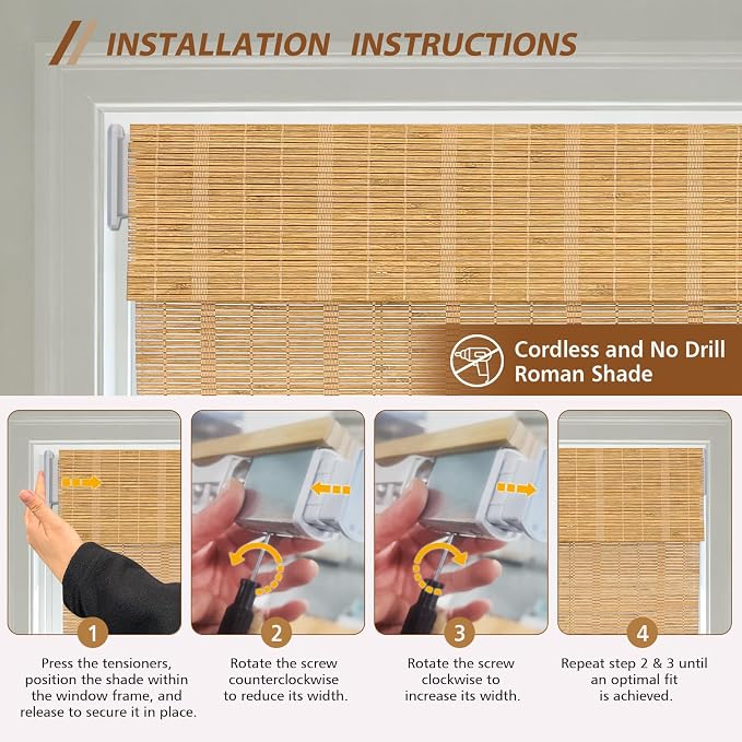 Letau No Drill No Tools Cordless Wood Window Shades Blinds, Bamboo Light - Image 5