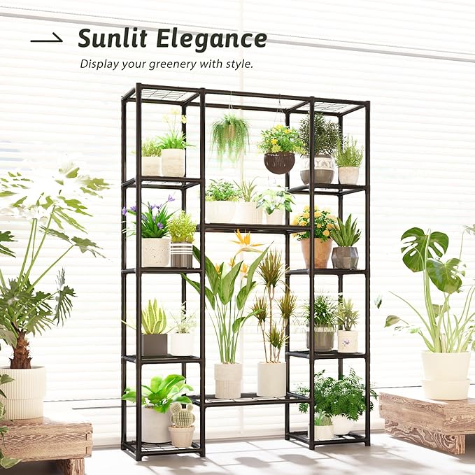 Plant Stand Outdoor Tall Plant Shelf Indoor Metal Large Hanging Plant Cabinet Waterproof Plant Rack Flower Holder for Living Room Patio Balcony Garden Black
