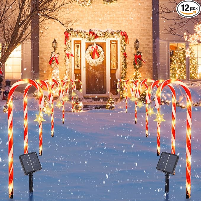 22" Candy Cane Lights Outdoor Pathway 2PK 12 PCS Candy Cane Christmas Decorations 8 Modes Solar Candy Cane Lights with Star Total 15FT Christmas Pathway Lights Outdoor for Xmas Yard Garden Walkway