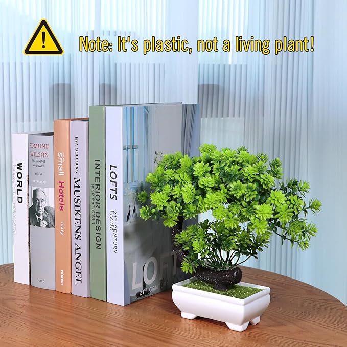 Small Artificial Plants Greenery Desktop Bonsai - Green Plastic Fake Plants for Home Decor, Indoor Bookshelf, Office Desk and Bathroom Room Decor, Tall 8.5"