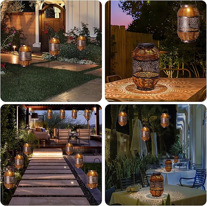 2 Pack Solar Lanterns Outdoor,Rattan with Metal Decorative Garden Hanging Lanterns Waterproof Christmas Gifts for Women LED Light with Handle for Table,Patio,Pathway,Pergolas,Tree,Yard,Fence,Hook