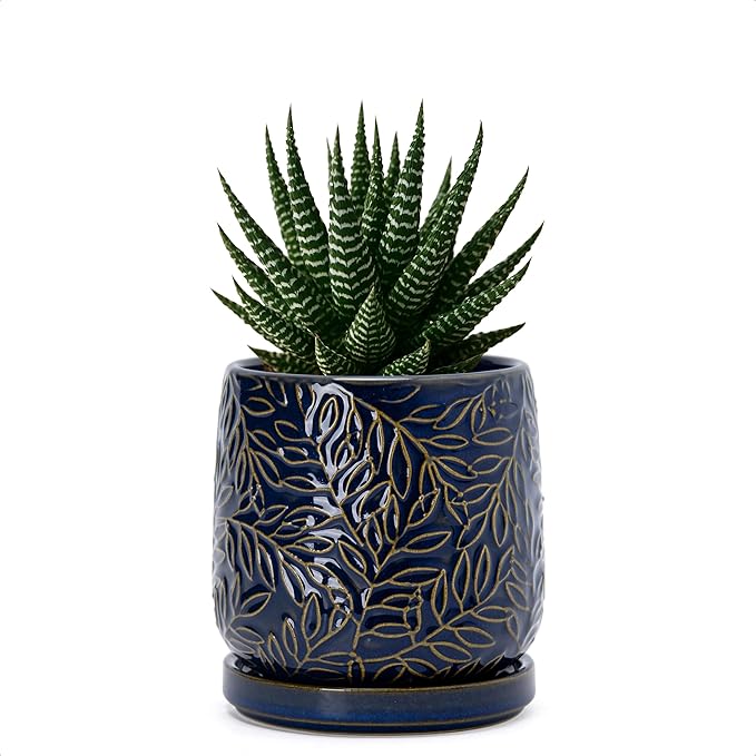 D'vine Dev 4 Inch Embossed Leaves Stoneware Planter Pot with Drainage Hole and Saucer, Midnight Blue, 27-A-Z-3