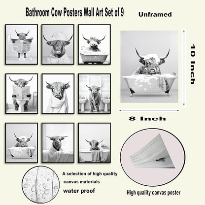 SEHSUVC Funny Bathroom Cow Posters Wall Art Set of 9, Vintage Black and White - Image 3
