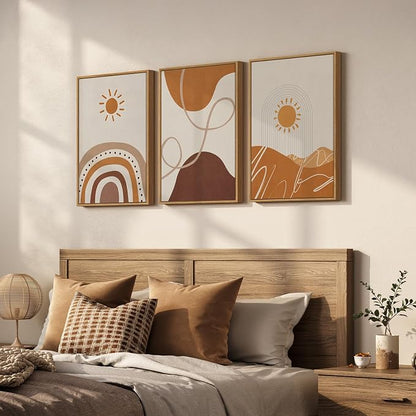 Framed Neutral Abstract Boho Wall Art Bedroom, 3 Piece Terracotta Beige - Image 2