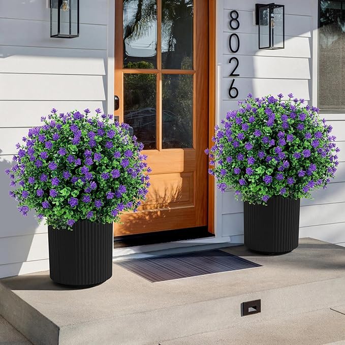Artificial Purple flower Topiary Ball Tree 25" with Ground Spike, Set of 2 Artificial Boxwood Bushes for Faux Shrubs, Fake Evergreen Faux Plant for Indoor Outdoor Garden -UV Resistant–Fade-Proof