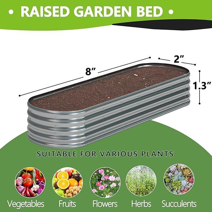 8x2x1.3 Oval Galvanized Raised Garden Bed,Outdoor Planter Box Metal Patio Kit Planting Bed for Vegetables Flowers and Succulents