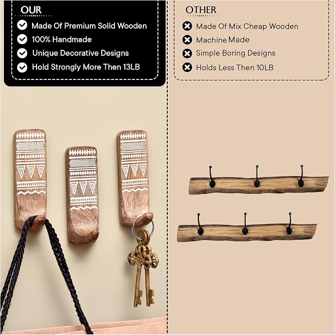 IndianShelf 10 LB- 6 Pieces Decorative Wood Adhesive Wall Hooks–Boho Peel and - Image 3