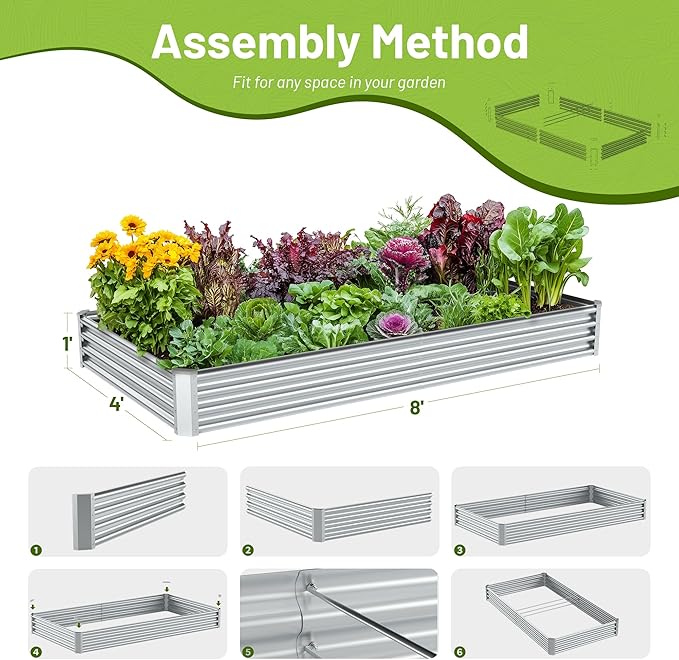 8x4x1ft Galvanized Raised Garden Bed-Outdoor Galvanized Planter Box for Vegetables, Fruits,Herbs, Flowers, Metal Raised Garden Bed kit-Sliver