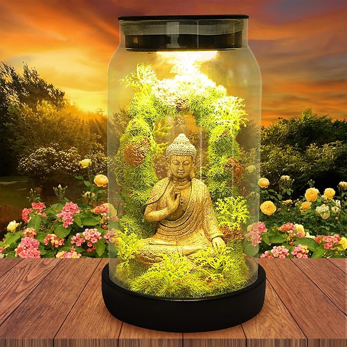 Solar Garden Buddha Statue for Home Decor - 9.8'' Zen Solar Lights Sculptures Decor with 15 LED, Sitting Meditating Buddha Serene Moss Figurine in Jar for Patio Lawn Yard Good Luck Housewarming Gifts