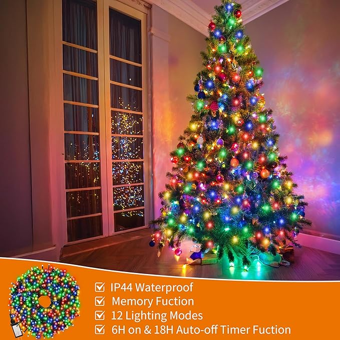 Christmas Light 100 LEDs 41ft Green Cable Wire Fairy String Twinkle Lights Plug in 12 Modes for Xmas Tree, Party, Indoor,Outdoor, Garden, Wedding, Home Decoration (Multi Color)