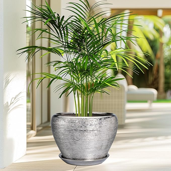 Flower Pot - 10 Inch Planter with Drainage Hole and Saucer - Indoor/Outdoor Decorative Mid-Century Planter - Silver