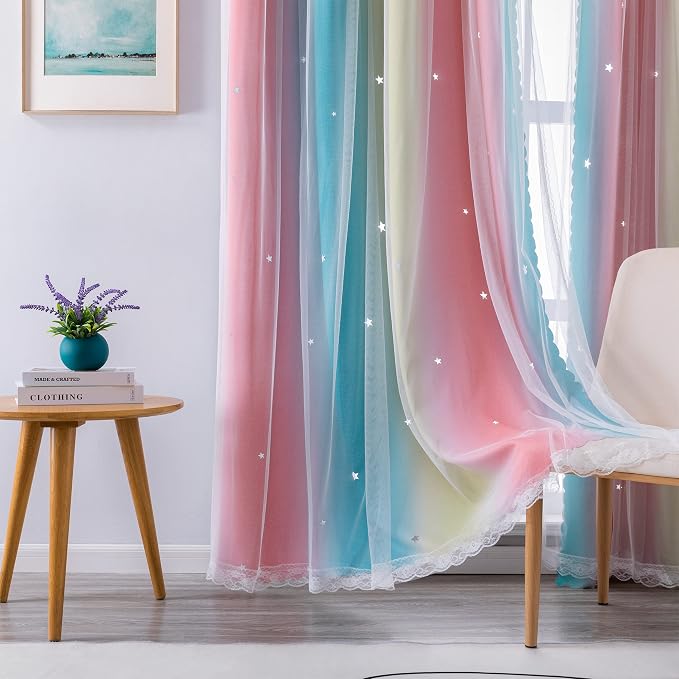 XiDi Curtains for Bedroom Decor, Rainbow Pink-Blue-34-96 - Image 3