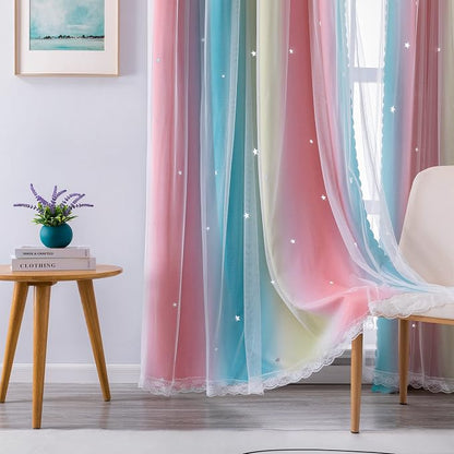 XiDi Curtains for Bedroom Decor, Rainbow Pink-Blue-34-96 - Image 3