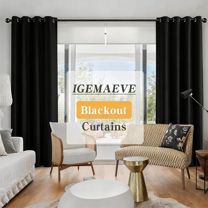 IGEMAEVE Black Blackout Curtains 72 Inch Length 2 Panels Set, Grommet Energy - Image 2