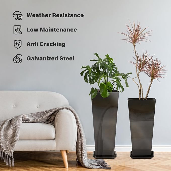 KOL 25'' & 28'' Tall Glazed Planter with Saucer, Set of 2, Galvanized Steel Planter Metal Pots for Indoor & Outdoor Use, Decorative Flower Plant Pots with Drainage Hole for Porch, Patio, Deck - Black