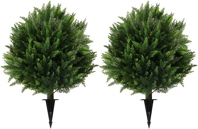 Sunnyglade Set of 2 Artificial Cedar Topiary Ball Trees, Faux Cedar Shrub Bushes with Ground Spike 25.5", UV Resistant Fake Cedar Plants for Indoor, Garden, Yard, Porch, Patio Decor (Green)
