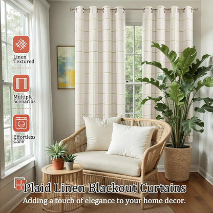 Lajode Sage Green Plaid Linen Blackout Curtains - Image 2