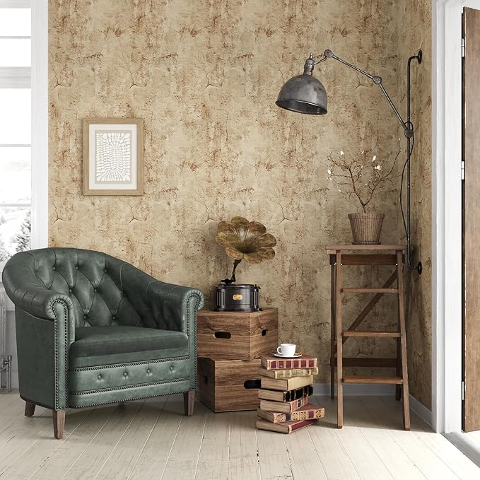 VEELIKE Aged Tan Concrete Wallpaper Peel and Stick Removable Distressed Beige - Image 2
