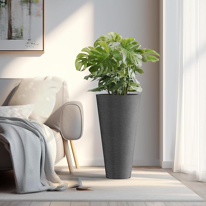 Kante Tall Round Planter Set of 2, 29" H Large Decorative Planter Pots for Outdoor Indoor Garden Patio Front Porch (Black)