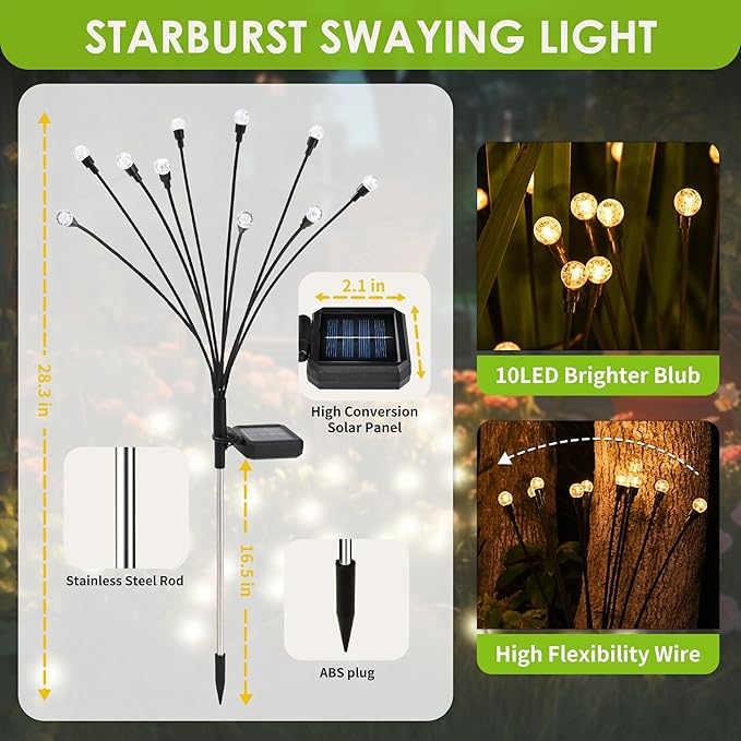 10 LED Solar Garden Lights, 6 Pack Solar Firefly Lights Outdoor Waterproof, Solar Crystal Ball Swaying Lights, Firefly Garden Lights Solar Outdoor (Warm White)