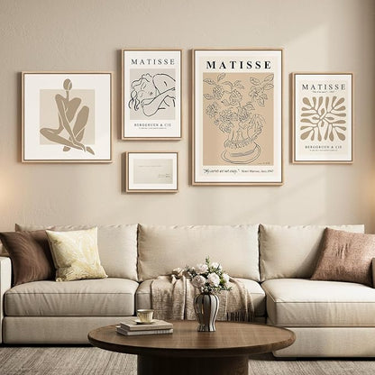 Large Framed Matisse Wall Art Set of 5, Neutral Beige Abstract Geometric by Cuspin