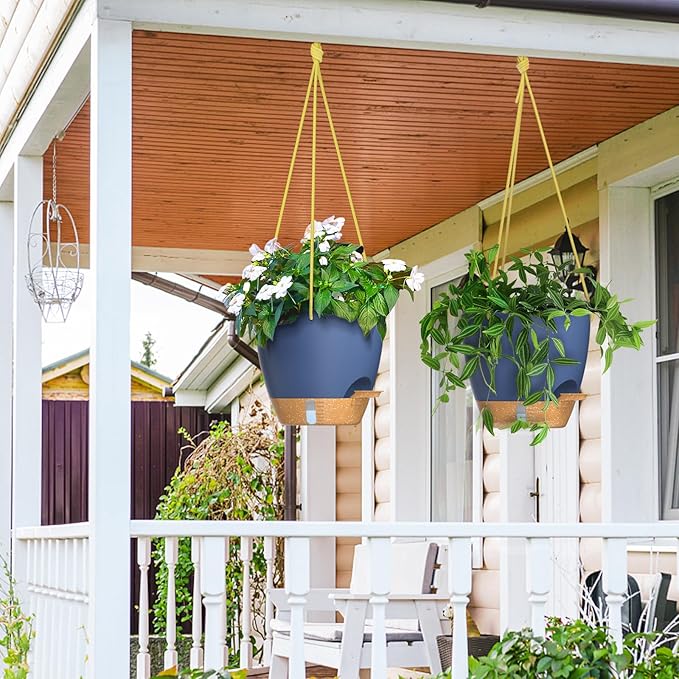 ZMTECH 10 Inch Hanging Planters for Indoor Outdoor Plants, 2 Pack Self Watering Hanging Plant Pots with Drainage Holes and Removable Saucer, Plastic Flower Hanging Pots with Watering Lip (Blue)