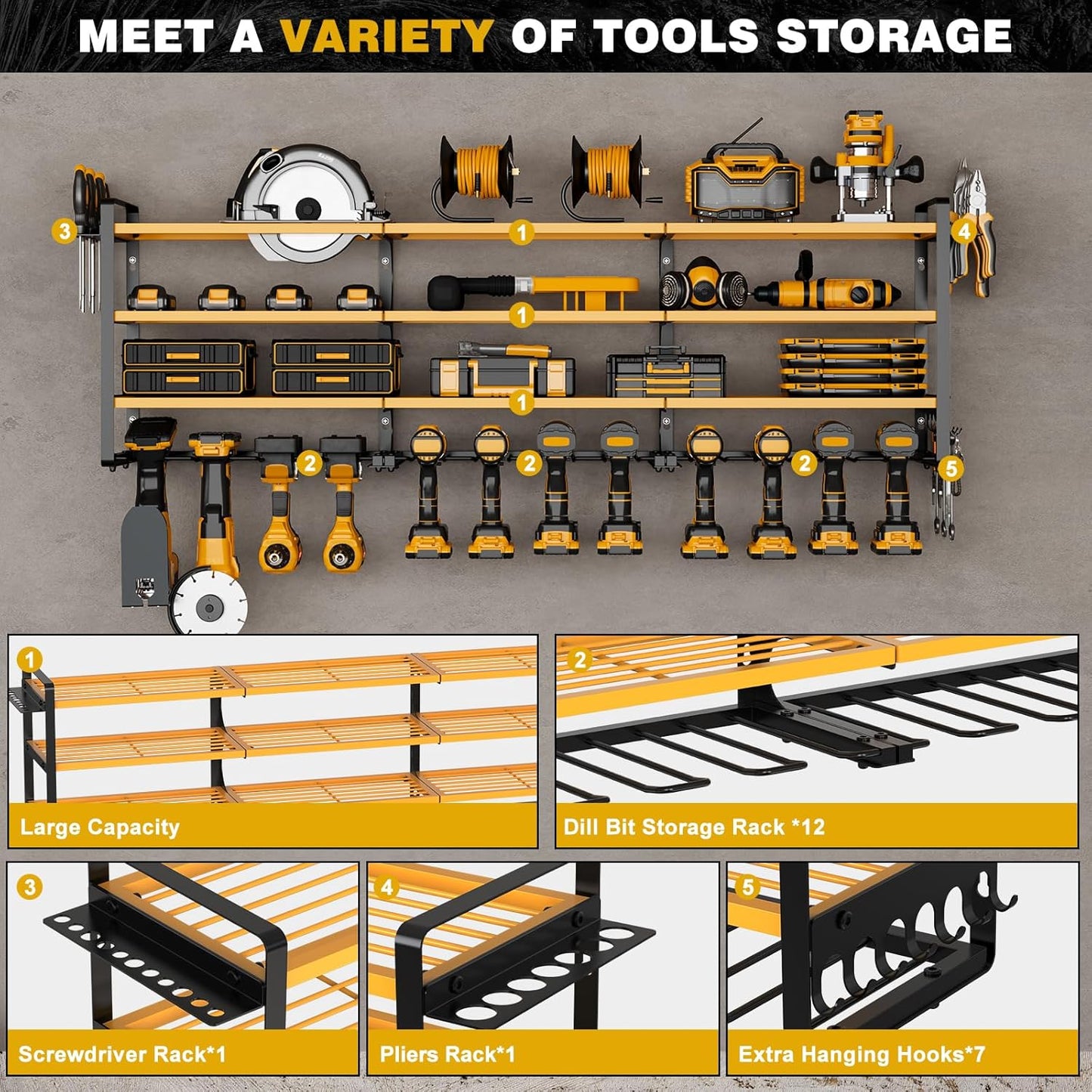 48" Large Power Tools Organizer Wall Mount,12 Drill Holder for Garage, Workshop Heavy Duty Storage Rack (Yellow)