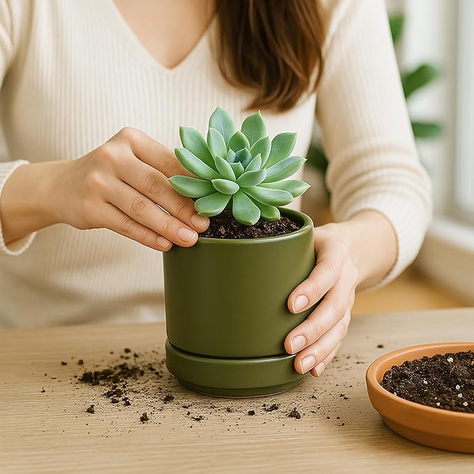 D'vine Dev Set of 2 Plants Pots, 4.7 Inch Ceramic Planter Pot for Plants with Drainage Hole and Saucer, Olive, 94-V-B-J