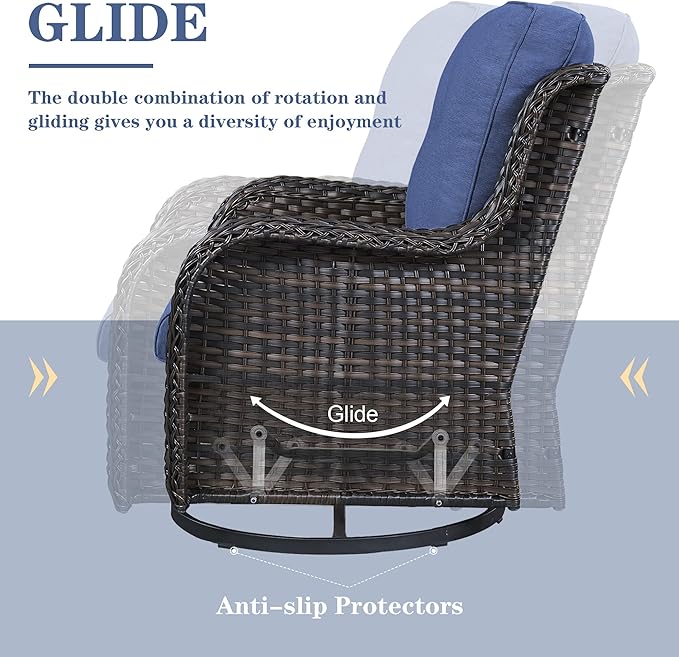 Outdoor Patio Furniture Set with 50000BTU Propane Fire Pit Table, 4 Pieces Wicker Patio Conversation Set with 2 Swivel Rocker Glider Chairs Rattan Sofa Blue Cushion Perfect for Gathering