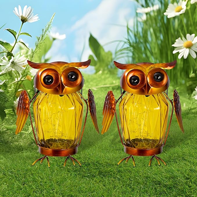 2 Pack Hanging Solar Lantern, Owl Solar Lanterns Outdoor Waterproof LED Glass Jar Lights for Garden Yard Tree Table Xmas Metal Decoration Lanterns