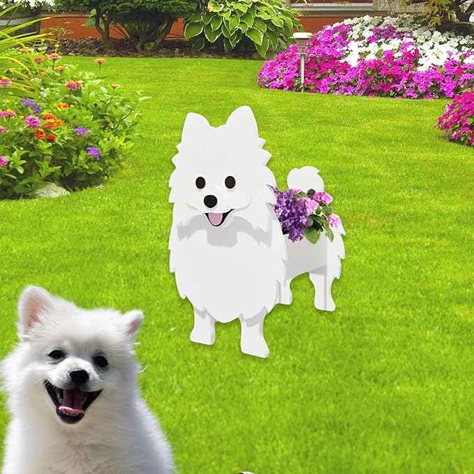 White Pomeranian Dog Planter Plant Pots,Cute Garden Dog Flower Planter,Dog Planters Birthday Gifts for Women,Office,Indoor/Outdoor Decor（9.45 * 6.65 * 12.13in）
