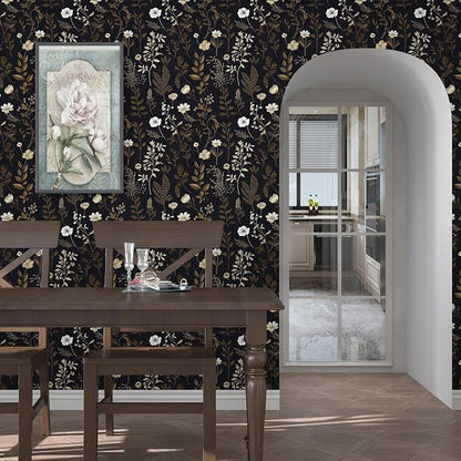 Dark Taupe Floral Peel and Stick Wallpaper, 17.5In x 197In Vintage Black Golden - Image 2