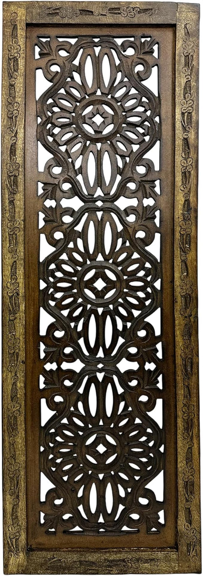 Floral Hand Carved Wooden Wall Panels Set of 2, Rustic Brown Decorative Wall Art - Image 4