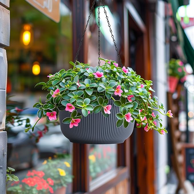 T4U 12 Inch Large Hanging Planters for Outdoor Plants, 2 Pack Self Watering Hanging Pots Indoor, Hanging Baskets for Plants,Hanging Flower Pot with Drainage Hole and Plant Hanger, Grey