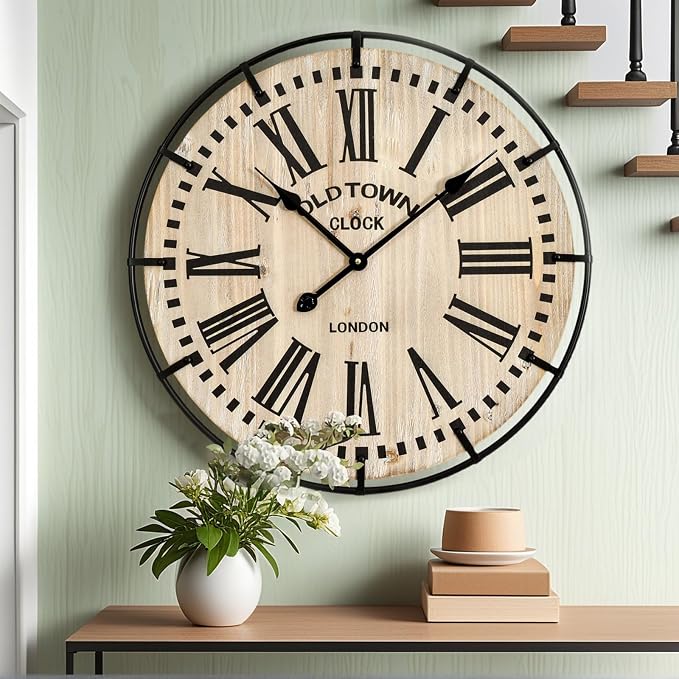 EMAX HOME Rustic Farmhouse Wall Clock 24 Inch, Vintage Oldtown London Wooden by EMAXHOME