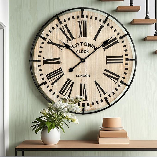 EMAX HOME Rustic Farmhouse Wall Clock 24 Inch, Vintage Oldtown London Wooden by EMAXHOME