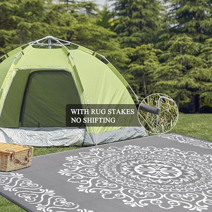 Pauwer Waterproof Outdoor Rug 9x12, Reversible Plastic Straw Patio Camping Rug, Indoor Outdoor RV Mat Carpet for Deck, Camper, Porch, Balcony, Backyard, Picnic, Floral Grey