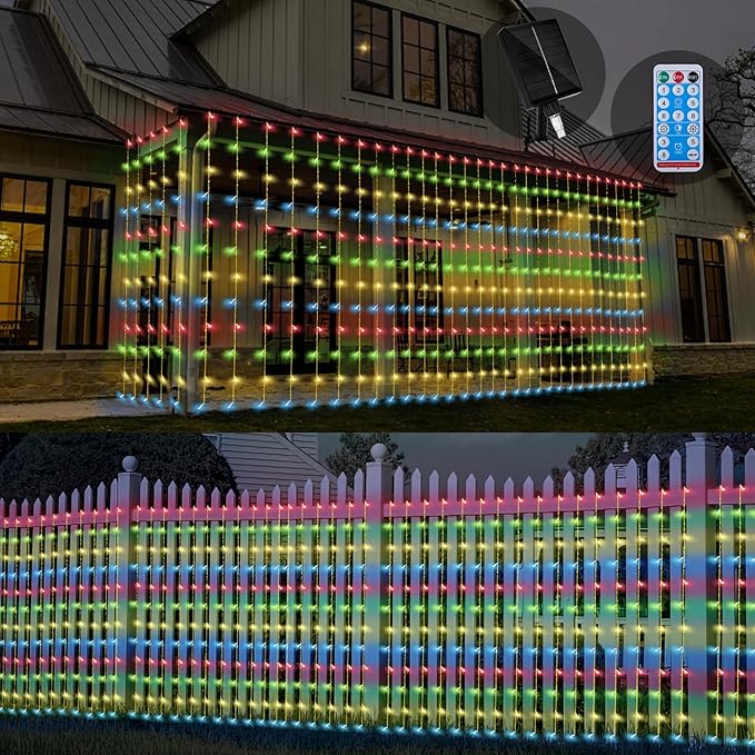 32.8 * 6.56FT Large Size Solar Curtain Lights Outdoor, 8 Modes String Icicle Lights, Garden Christmas Decortions for Patio, Gazebo, Eaves, Fence, Tree, Porch (Multicolor)