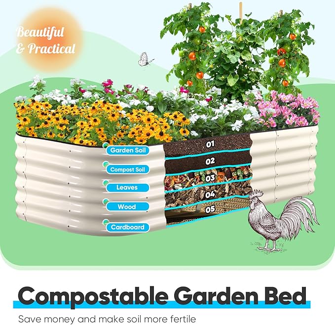 Quictent Galvanized Raised Garden Bed Kit Tall, 6x3x1.5 ft Oval Large Planting Box Rubber Strip Edging, for Vegetables Outdoor Strengthened by Crossbar (Beige)