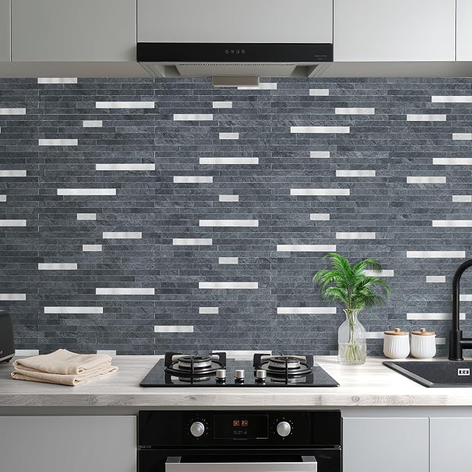 AULIGET 2 Sheets Black Slate Peel and Stick Backsplash, PVC Mixed Metal Silver - Image 2