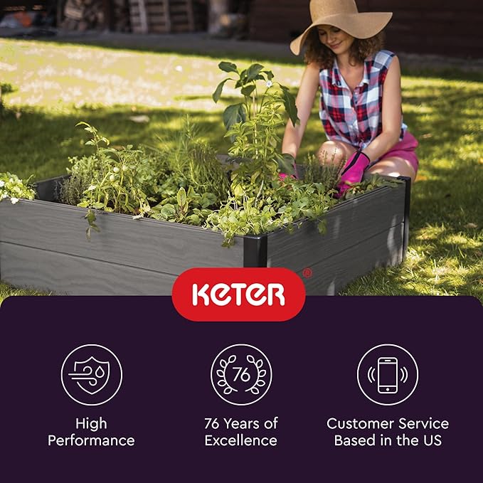 Keter 48" X 48" inches Wood Look Raised Garden Bed, Durable Outdoor Herb Garden Planter for Vegetables, Flowers, and Succulents, Grey