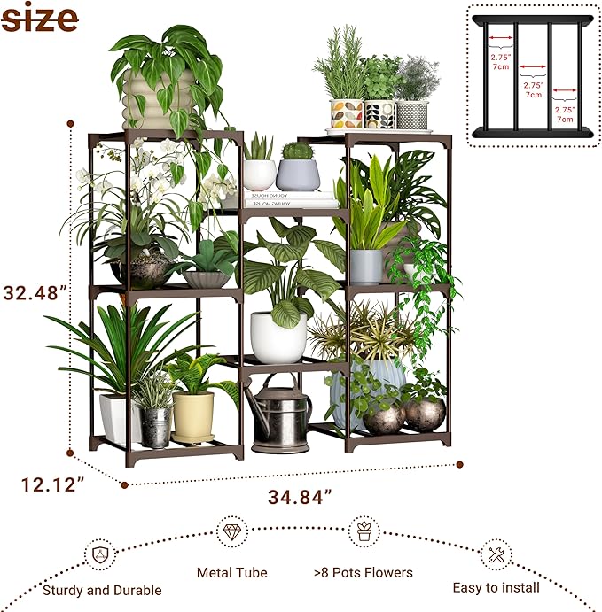 Metal Plant Stand Indoor Outdoor Plant Shelf Stand, 3 Tiers 8 Pots Potted Flower Plant Stands for Indoor Plants Multiple, Plant Shelves Stands Rack for Patio, Balcony, Living Room