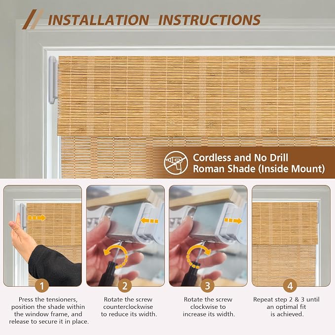 Letau No Drill No Tools Cordless Wood Window Shades Blinds, Bamboo Light - Image 4