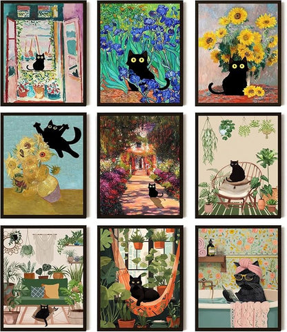 SEHSUVC Funny Black Cat Canvas Wall Art Set of 9, Vintage Van Gogh Black Cat by Unknown
