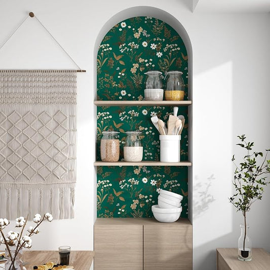 Laatse Dark Floral Wallpaper Peel and Stick 17.5in x 118in Vintage Green Gold - Image 2