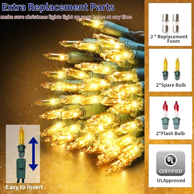 Ultra-Bright Connects End to End Yellow Christmas Mini Lights 300L 63.8Ft(2Sets-Each 150L) UL Listed Incandescent Bulb String Light for Indoor Outdoor Holiday Garden Christmas Tree Decor