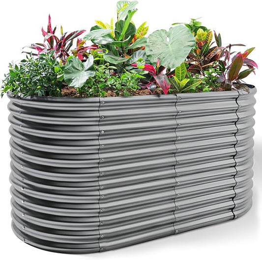 Land Guard 8x4x3ft Oval Galvanized Raised Garden Beds, Large-Capacity Metal Planter Box Outdoor, Durable Deep Raised Garden Bed 3ft Tall, Raised Beds for Gardening Vegetables, Modern Gray